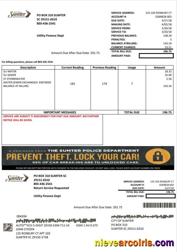 USA City of Sumter South Carolina water utility bill
